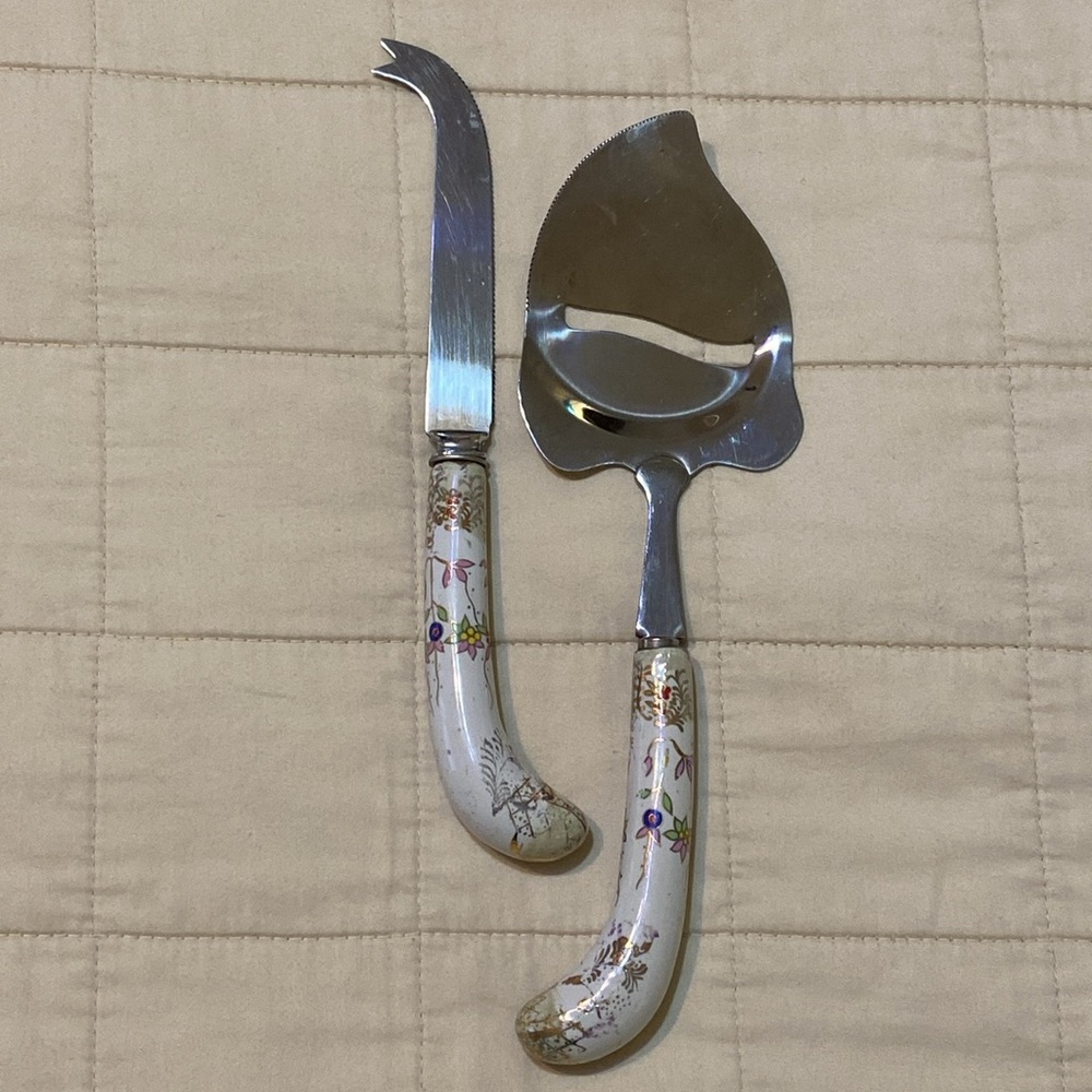 Sheffield England Cheese Slicer & Knife Set Floral Design Porcelain Handles